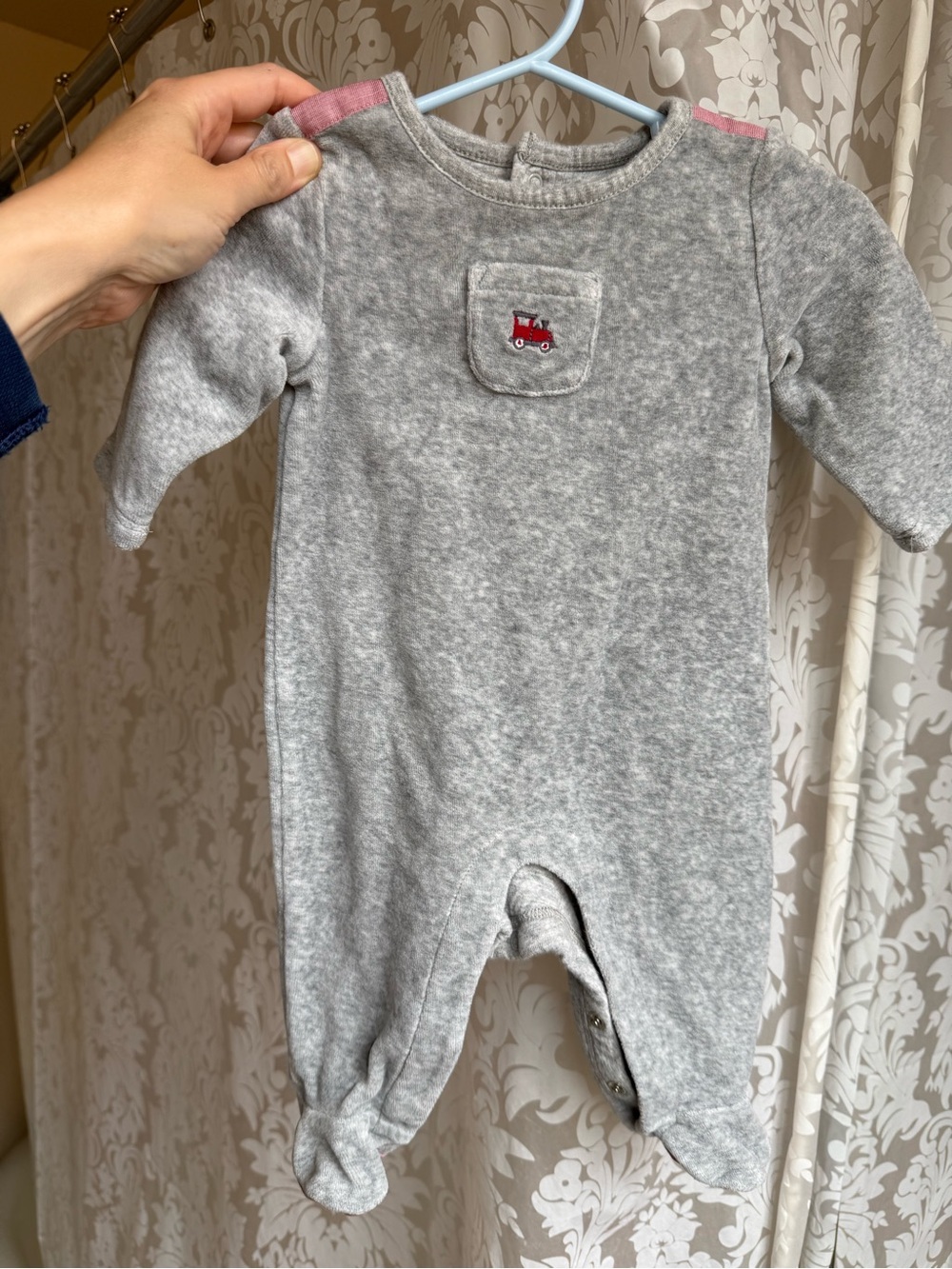Janie and Jack Gray Footed One-Piece with Red Train Front Pocket